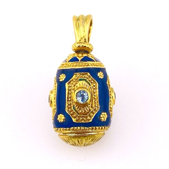 Enamel Easter Egg Pendant Vintage Rich Gold Plate Blue Topaz Crystal Swivel Bail - Picture 1 of 7